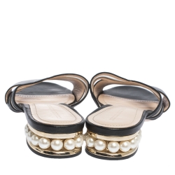 Nicholas Kirkwood Black Mesh and Leather Pearl Embellished Flat Slides Size 41 