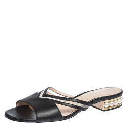 Nicholas Kirkwood Black Mesh and Leather Pearl Embellished Flat Slides Size 41 
