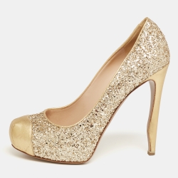 Gold Glitter And Leather Cap-toe Pumps
