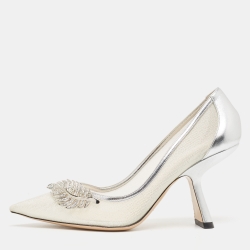 Silver Leather And Mesh Monstera Pumps
