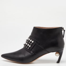 Black Leather Faux Pearl Embellished Pointed Toe Ankle Boots