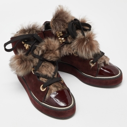 Pre Owned Nicholas Kirkwood Burgundy Suede and Patent Leather Fur High Top Sneakers  Size 39