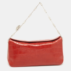 Orange Croc Embossed Leather Chain Shoulder