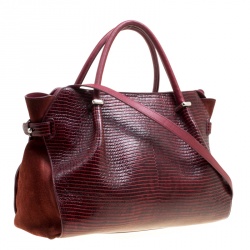 Pre Owned Nina Ricci Burgundy Lizard Embossed Leather and Suede Marche Tote