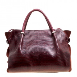 Pre Owned Nina Ricci Burgundy Lizard Embossed Leather and Suede Marche Tote