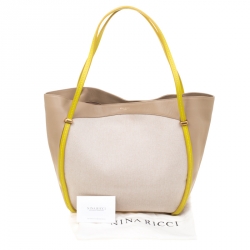 Nina Ricci Beige/Green Leather and Canvas Shopper Tote 