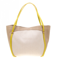 Nina Ricci Beige/Green Leather and Canvas Shopper Tote 