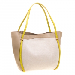 Nina Ricci Beige/Green Leather and Canvas Shopper Tote 
