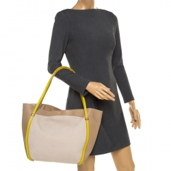 Nina Ricci Beige/Green Leather and Canvas Shopper Tote 