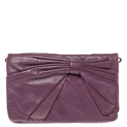 Purple Leather Pleated Bow Flap Shoulder