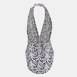 مملوكة مسبقًا Norma Kamali White/Blue Chevron Zebra Print Jersey Halter Slinky Marissa Swimsuit XL