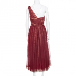Notte by Marchesa Burgundy Embellished Pleated Tulle Overlay One Shoulder Dress M