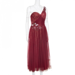 Notte by Marchesa Burgundy Embellished Pleated Tulle Overlay One Shoulder Dress M