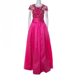 Marchesa Notte Pink Taffeta Embroidered Bodice Detail Mikado Gown L