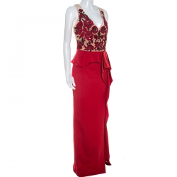 Marchesa Notte Red Beaded Stretch-Faille Column Gown L