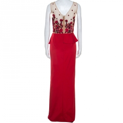 Marchesa Notte Red Beaded Stretch-Faille Column Gown L
