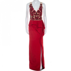Marchesa Notte Red Beaded Stretch-Faille Column Gown L