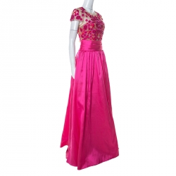 Marchesa Notte Pink Taffeta Embroidered Bodice Detail Mikado Gown L