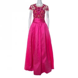 Marchesa Notte Pink Taffeta Embroidered Bodice Detail Mikado Gown L
