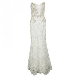 Pre Owned فستان نوتي باي ماركيزا ميرميد بلا أكمام دانتيل مزخرف زهور أبيض M