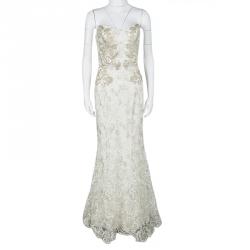 Pre Owned فستان نوتي باي ماركيزا ميرميد بلا أكمام دانتيل مزخرف زهور أبيض M