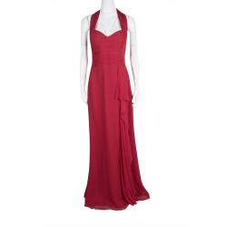Notte by Marchesa Red Silk Chiffon Halter Evening Gown L