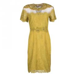 Notte by Marchesa Mustard Yellow Embellished Scalloped Lace Sheath Dress S