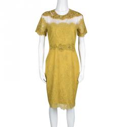 Notte by Marchesa Mustard Yellow Embellished Scalloped Lace Sheath Dress S