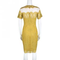Notte by Marchesa Mustard Yellow Embellished Scalloped Lace Sheath Dress S