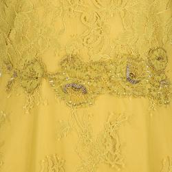 Notte by Marchesa Mustard Yellow Embellished Scalloped Lace Sheath Dress S