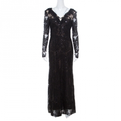 Notte By Marchesa Black Sequined Embroidered Floral Lace Gown S