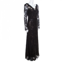 Notte By Marchesa Black Sequined Embroidered Floral Lace Gown S