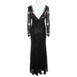 Notte By Marchesa Black Sequined Embroidered Floral Lace Gown S