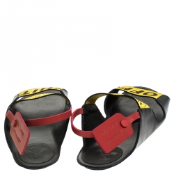 Pre Owned Off White Yellow Canvas And Black Leather Slingback Flat Sandals Size 39