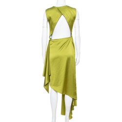 Pre Owned Off-White Olive Green Satin Draped Asymmetric Dress S