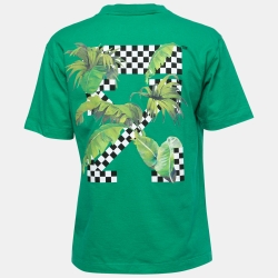 مملوكة مسبقًا Off-White Green Leaf Printed Cotton Half Sleeve T-shirt XS