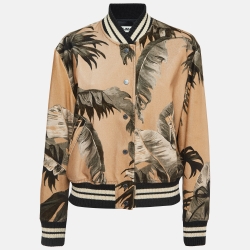 Tan Leaf Print Cotton Buttoned Bomber Jacket