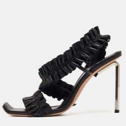 Black Leather Ruffle Slingback Sandals