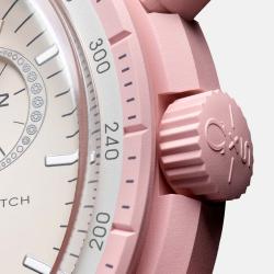 Pre Owned Omega Powdery Pink Velcro Moon Swatch Mission To Venus 42 mm