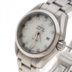 مملوكة مسبقًا Omega White Mother of Pearl Diamond Stainless Steel Seamaster Aqua Terra Women's Wristwatch 29 mm