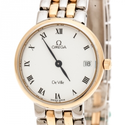 مملوكة مسبقًا Omega White Yellow Gold Stainless Steel Vintage De Ville 796.2579 Women's Wristwatch 25 mm