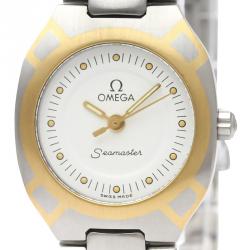 Pre Owned Omega White 18K Yellow Gold And Stainless Steel Seamaster Polaris 796.1022 Women's Wristwatch 21 MM