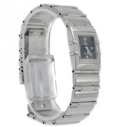 Pre Owned Omega Black Square Diamond Quadra Constellation Steel Women'S Watch 24MM 