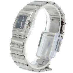 Pre Owned Omega Black Square Diamond Quadra Constellation Steel Women'S Watch 24MM 