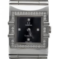 Pre Owned Omega Black Square Diamond Quadra Constellation Steel Women'S Watch 24MM 