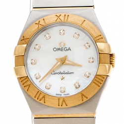 Omega Mother of Pearl 18K Yellow Gold Stainless Steel Diamonds Constellation 123.20.27.60.55.002 Women's Wristwatch 27 mm