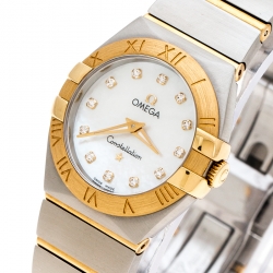 Omega Mother of Pearl 18K Yellow Gold Stainless Steel Diamonds Constellation 123.20.27.60.55.002 Women's Wristwatch 27 mm