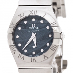Omega Blue Grey Stainless Steel Diamonds Constellation 123.10.27.60.53.001 Women's Wristwatch 27 mm