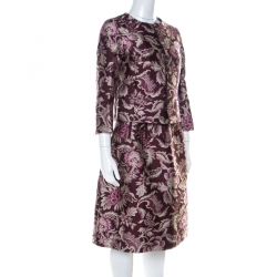 Pre Owned Oscar de la Renta Burgundy Floral Jacquard Skirt Suit M