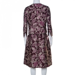 Pre Owned Oscar de la Renta Burgundy Floral Jacquard Skirt Suit M